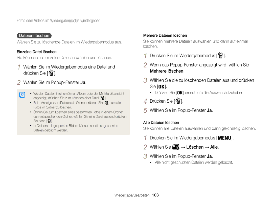 Samsung WB850F Drücken Sie Wählen Sie im Popup-Fenster Ja, Dateien löschen , Drücken Sie erneut, um die Auswahl aufzuheben 